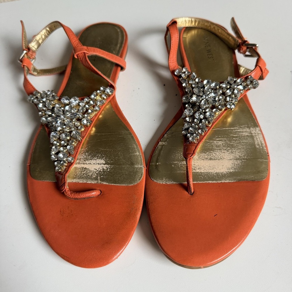 Nine West Sandals Womens Size 11 Orange Rhinestone Thong Strap Shoes NWSEAHORSE